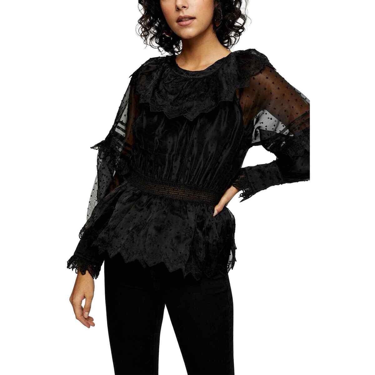 Topshop Womens Dobby Shirred Waist Peplum Top Black Textured Bishop Ruffle 4 NWT