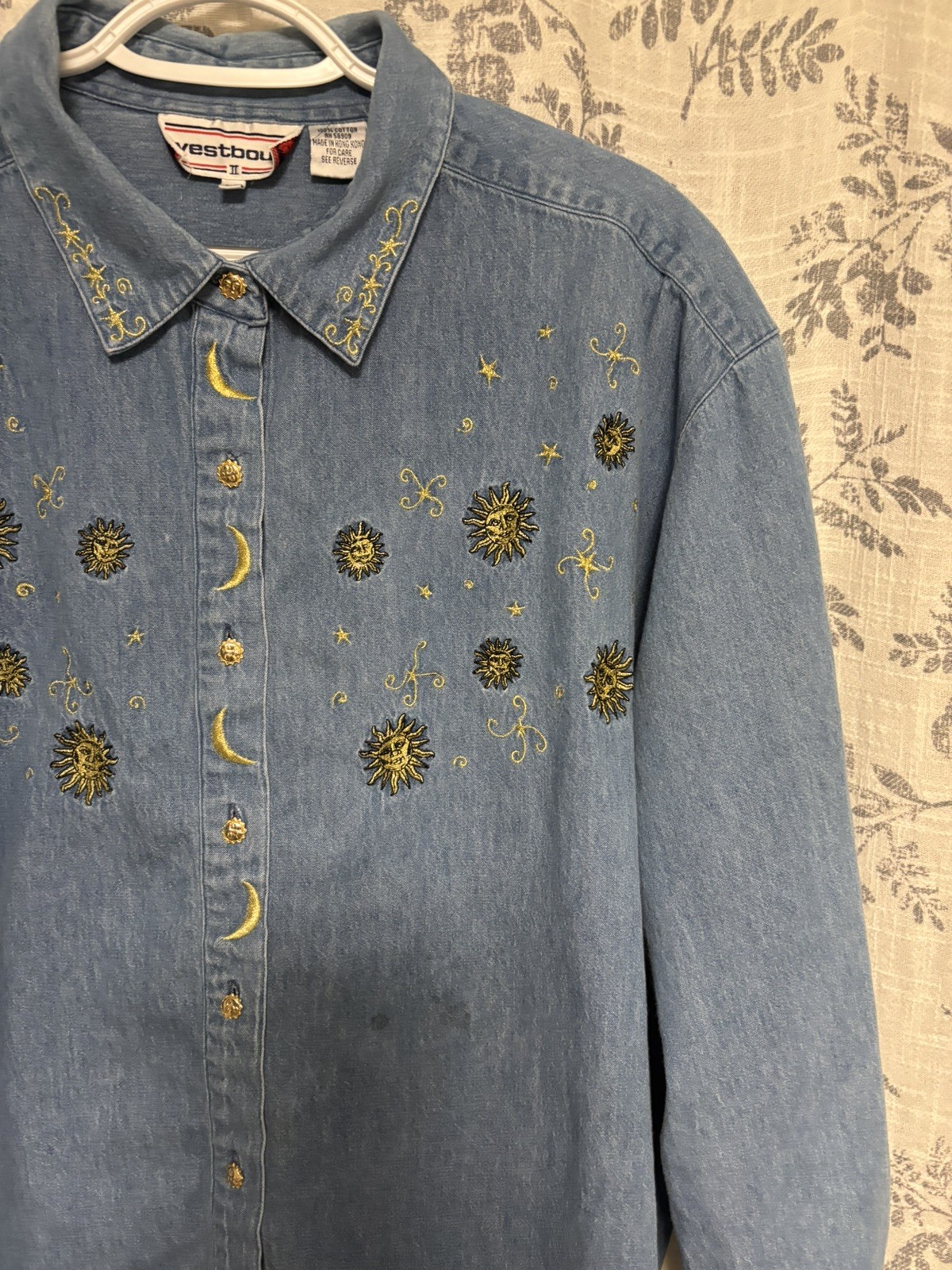 Vintage Westbound Embroidered Denim Shirt Sun and Moon Solar/Lunar Beaded 2XL