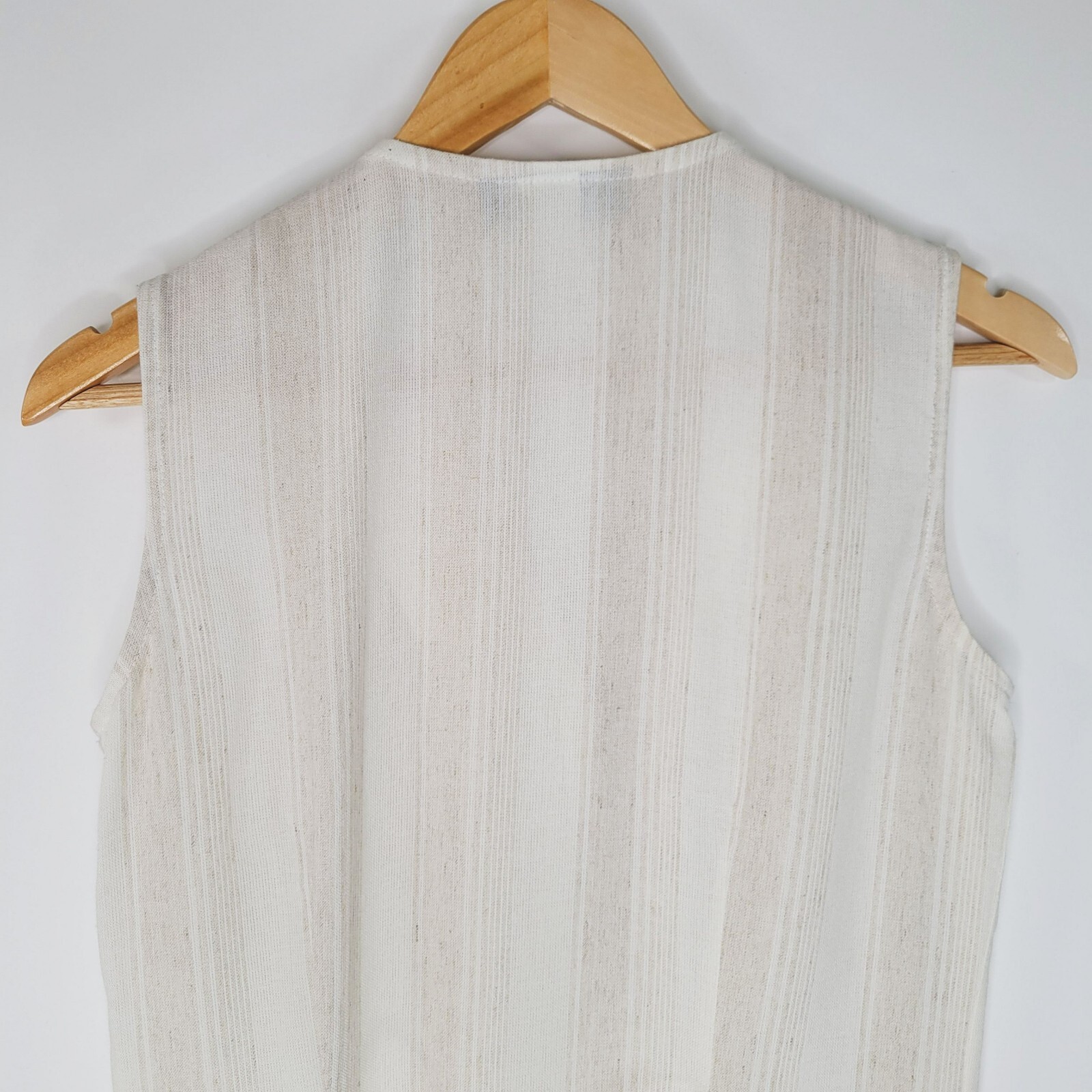Vtg STUDIO J Cream Striped Longline Vest Sz S Linen Sleeveless Neutral Lagenlook