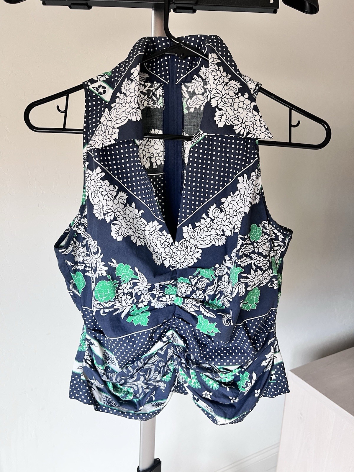 Women’s Floral Paisley Ruched Twist Front Sleeveless Top Back Zip Navy Green