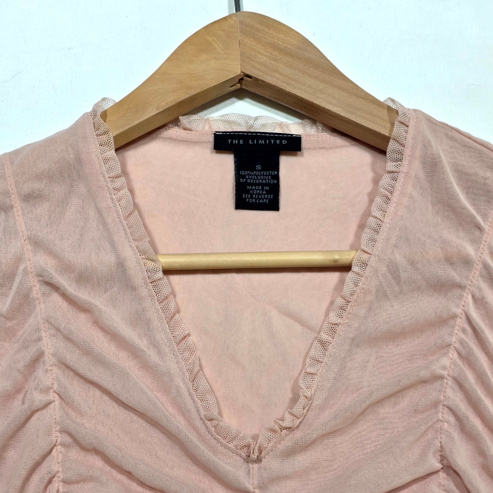 The Limited Top Womens S Pink Ruched Mesh V-Neck Sleeveless Ruffle Trim Blouse
