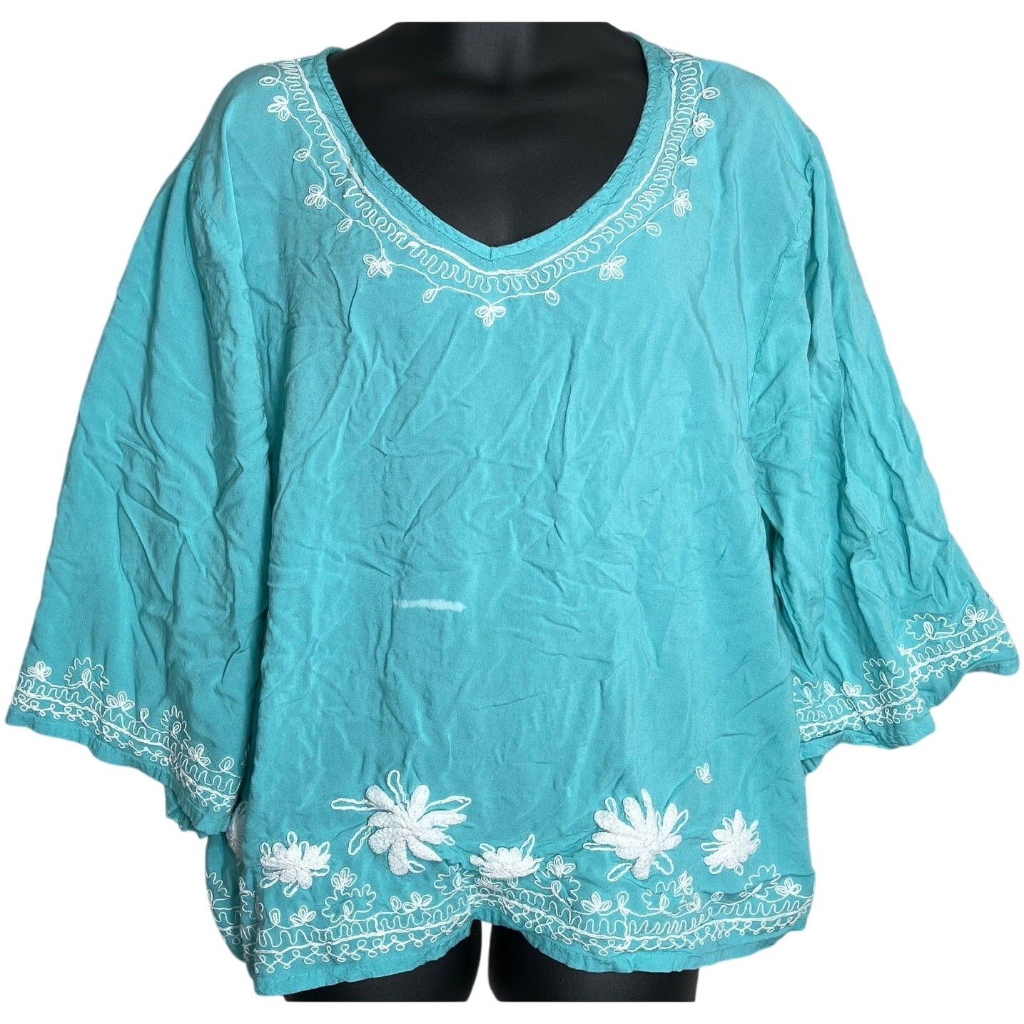 Cute Options Boho Tunic M Green Embroidered Floral VNeck Flowy Peasant Artisanal