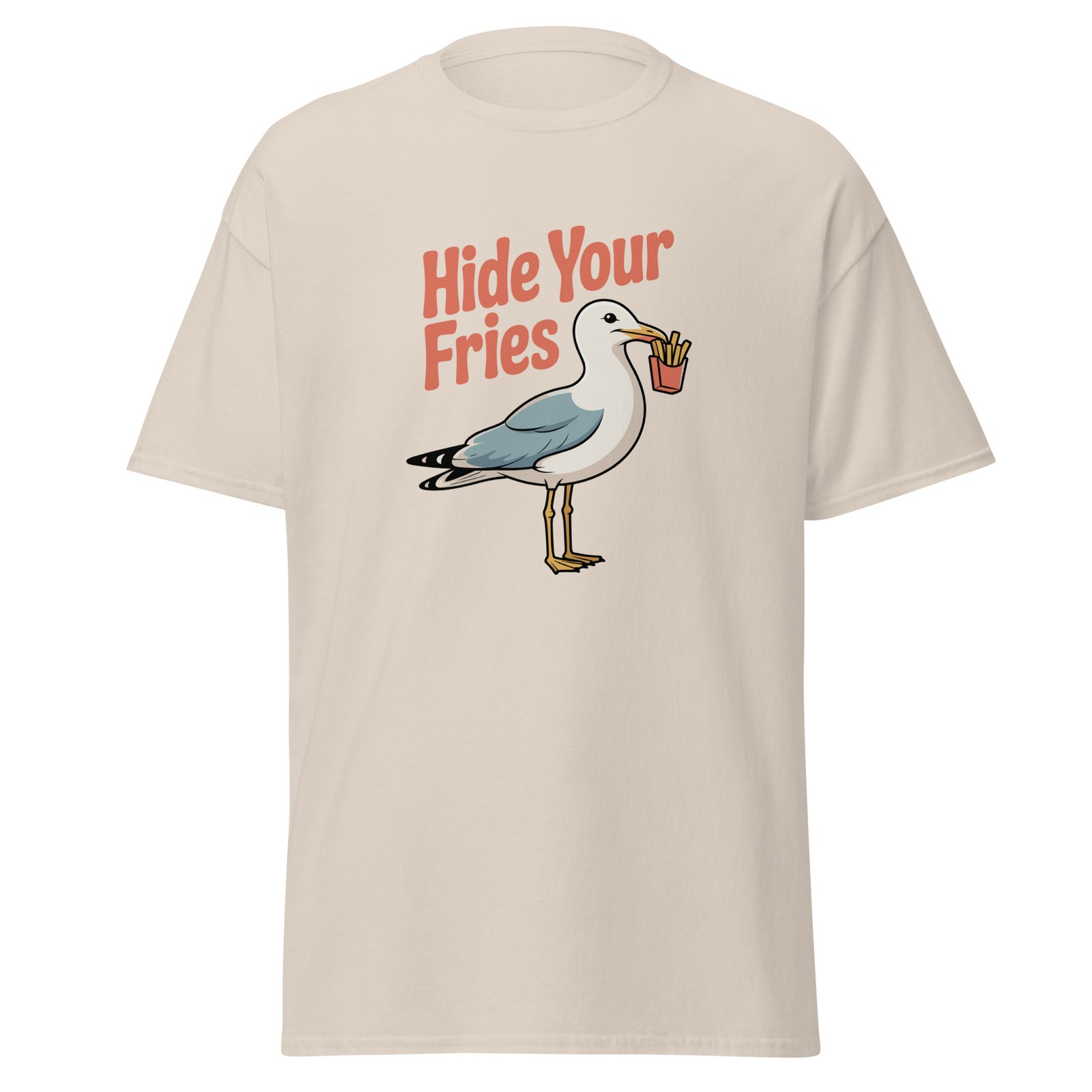 “Hide Your Fries” T-Shirt – Funny Seagull Graphic Tee – Beach Vacation Humor