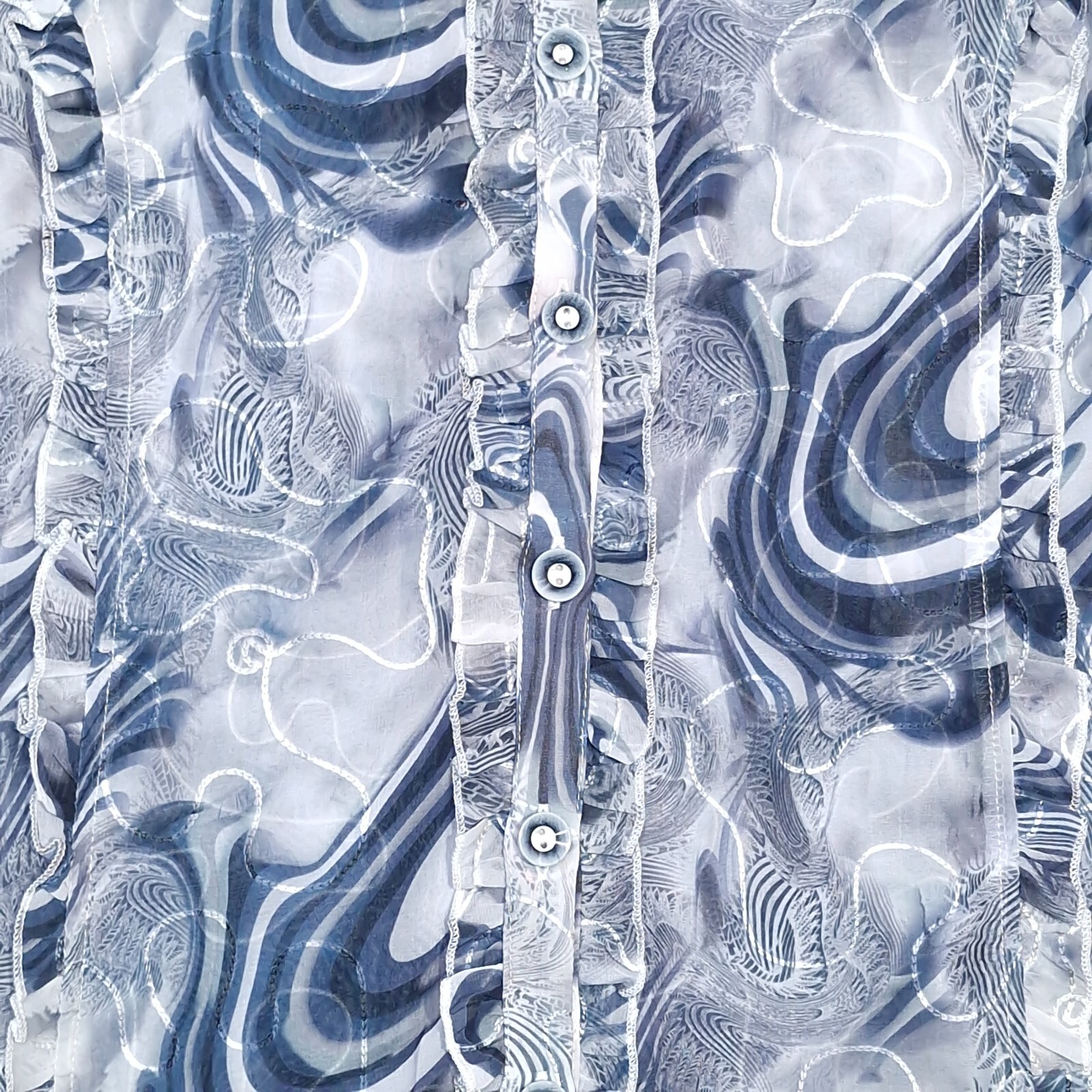 Bellina Top Womens 18 Grey & Blue Blouse Sheer Fabric w/ Swirl Pattern Ruffles