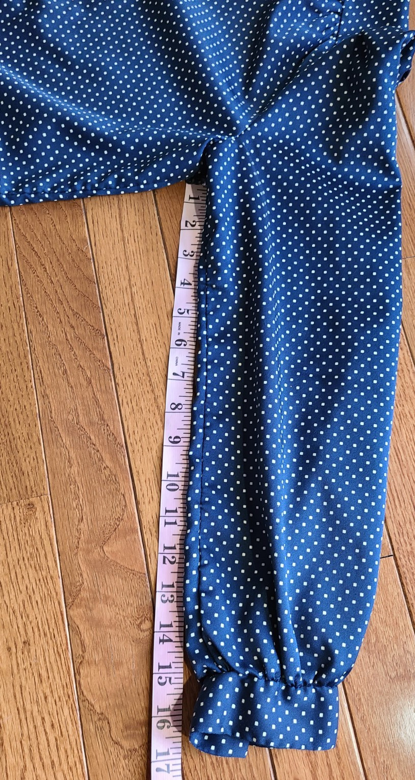 Vtg Pins & Needles Blue Polka Dot Ruffle Stand Up Collar Top USA Large Career
