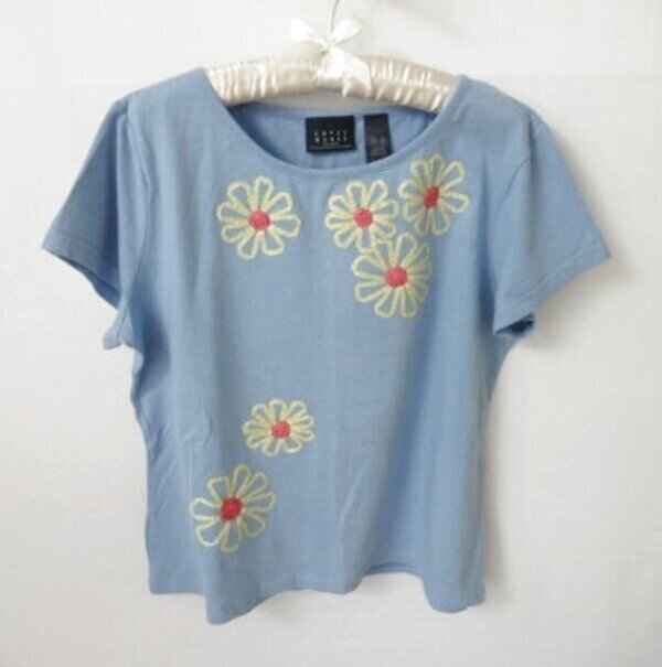 Crazy Horse blue ribbon flowers scoop neck short sleeve tee *Sz XL*