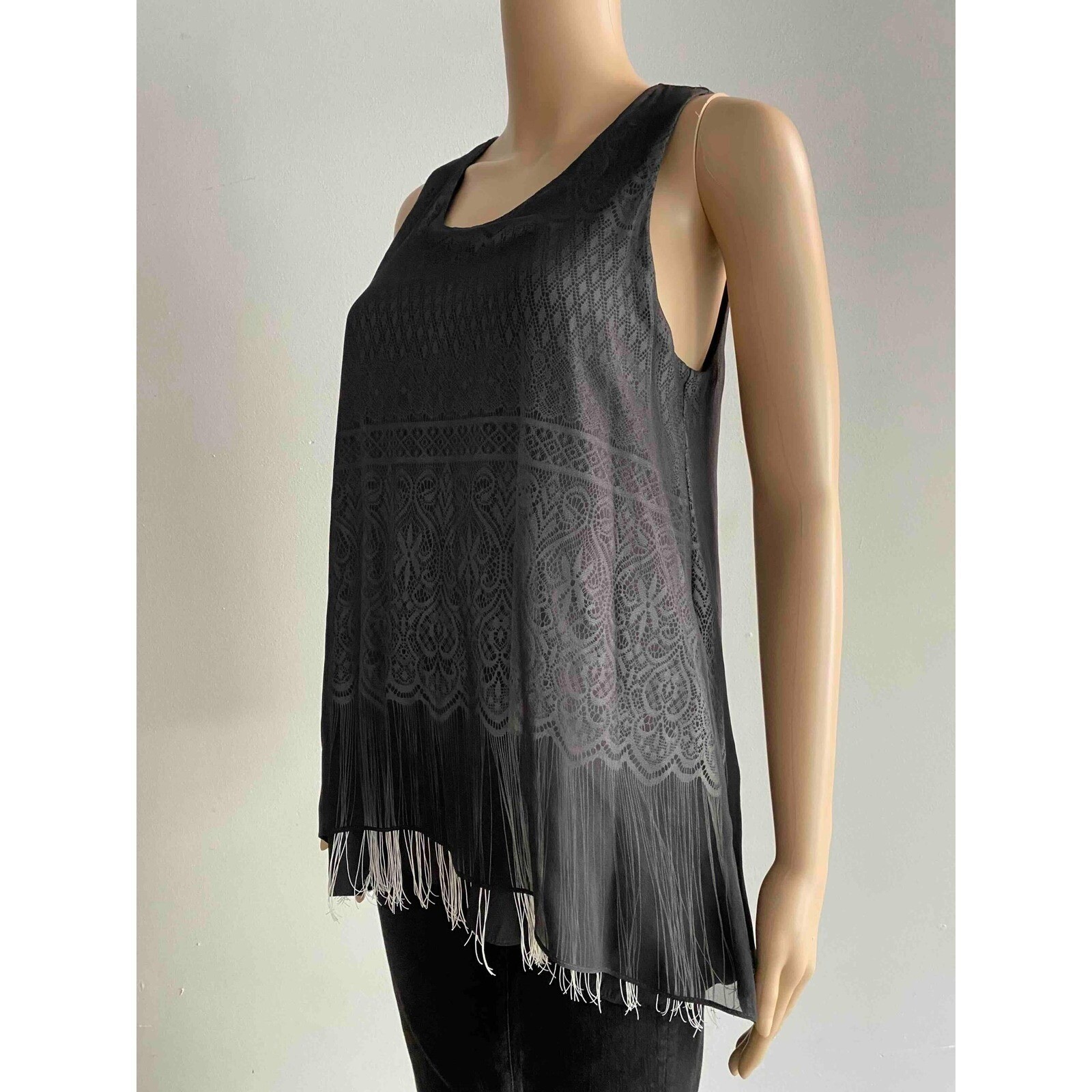 Lola & Sophie 100% Silk Fringe Hem Top Small Lace Print Gothic Romantic