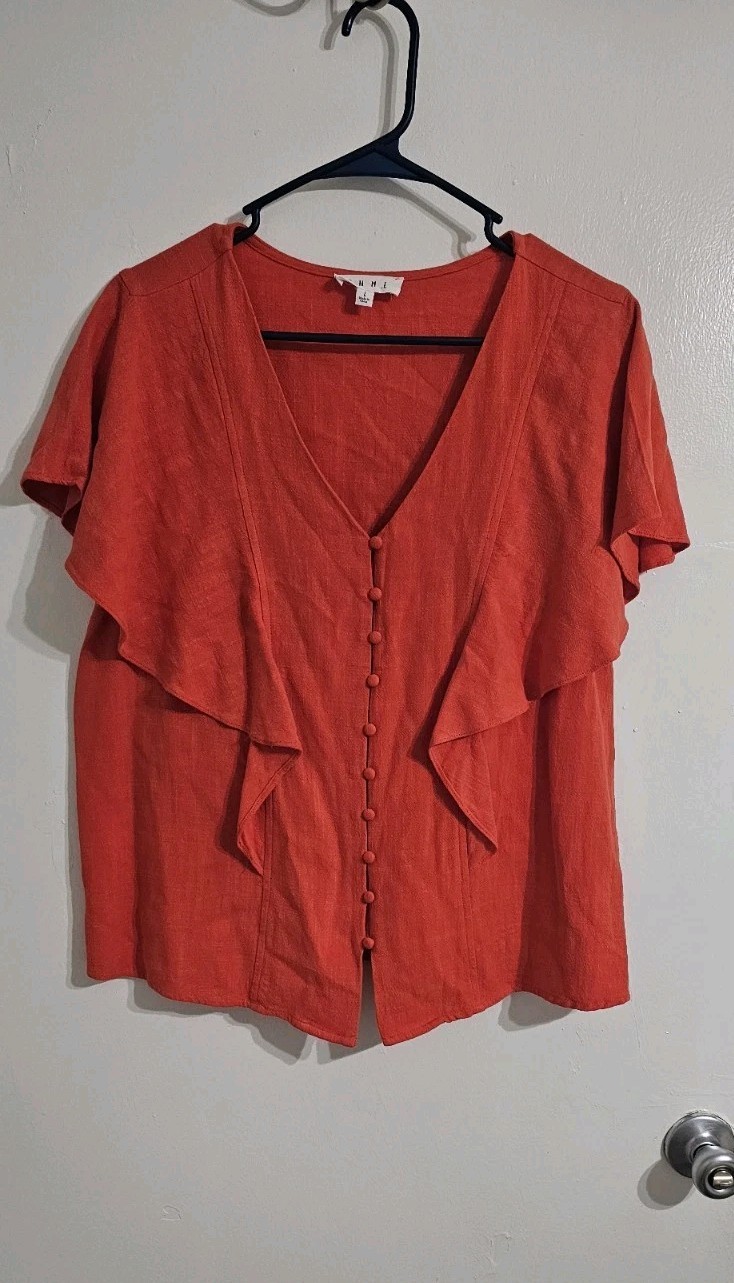 Anthropologie THML Women’s Betterfly Sleeves Top Large Orange Linen Blend Boho