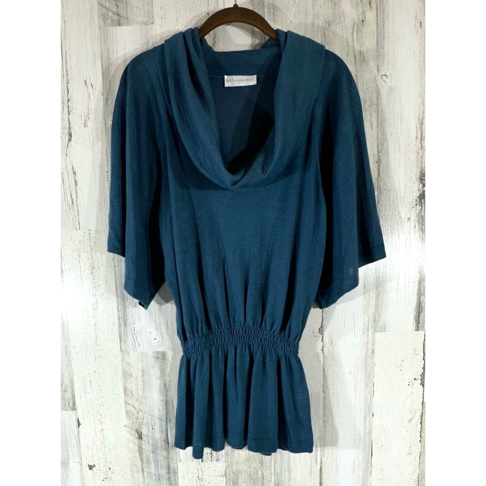 Soft Surroundings Cowl Neck Tunic M Teal Blue Smocked Waist Wool Blend Peplum