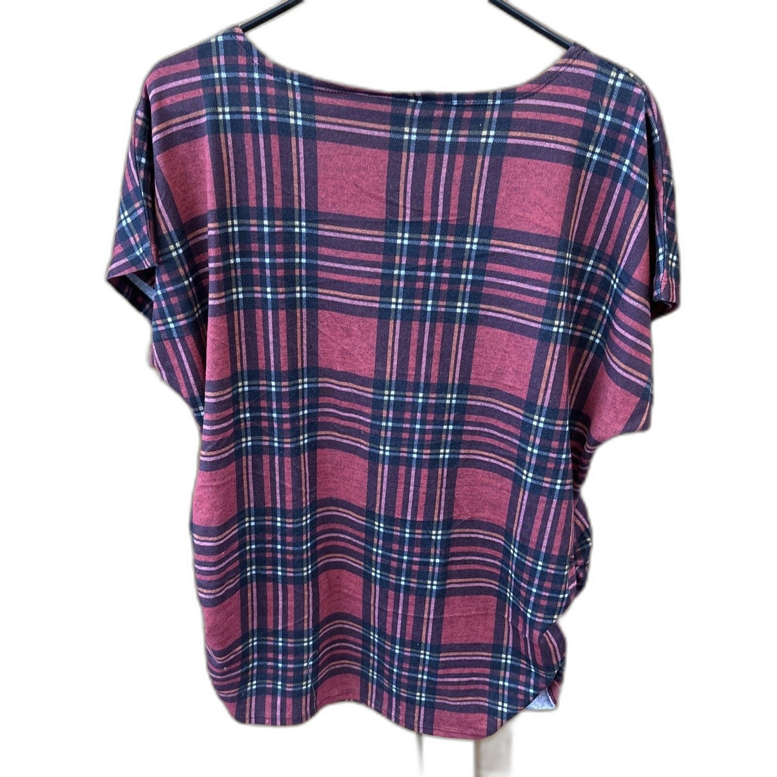 Cato Women Shirt Red Plaid Embroidered Cross Studs Xl Ruched Pullover Stretch