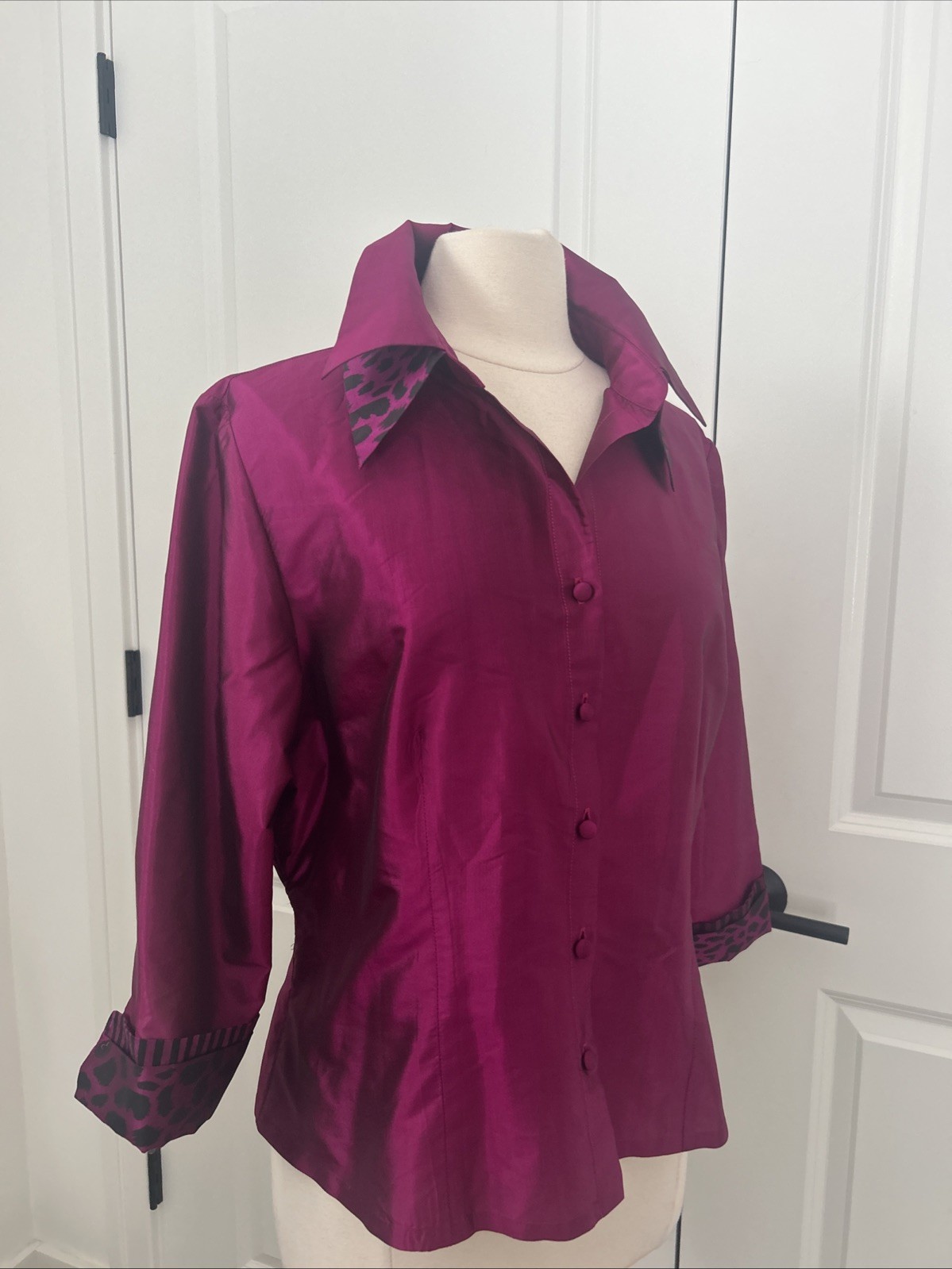 MARISA BARATELLI sz 16 Magenta Thai Silk Blouse Double Collar Cheetah Print Top