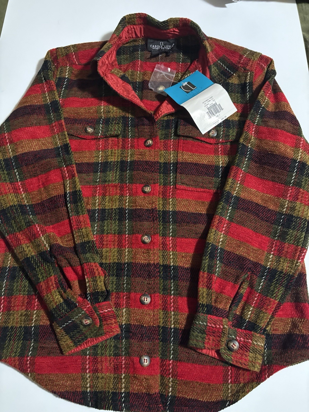 NWT Carole Little Shacket Petite 2 Red Plaid Long Sleeves Button Down Pockets