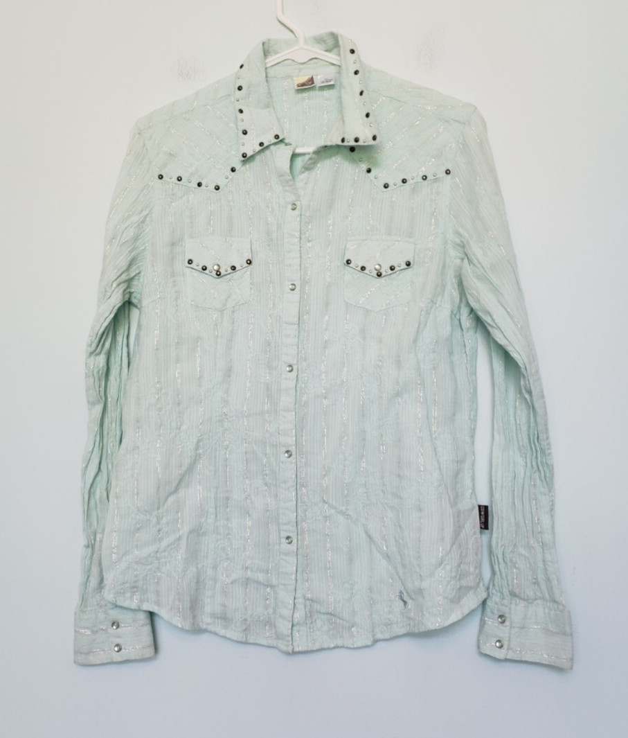 Cowgirl Up Womens M Shirt Pearl Snap Front Studded Metallic Stripe Green Western