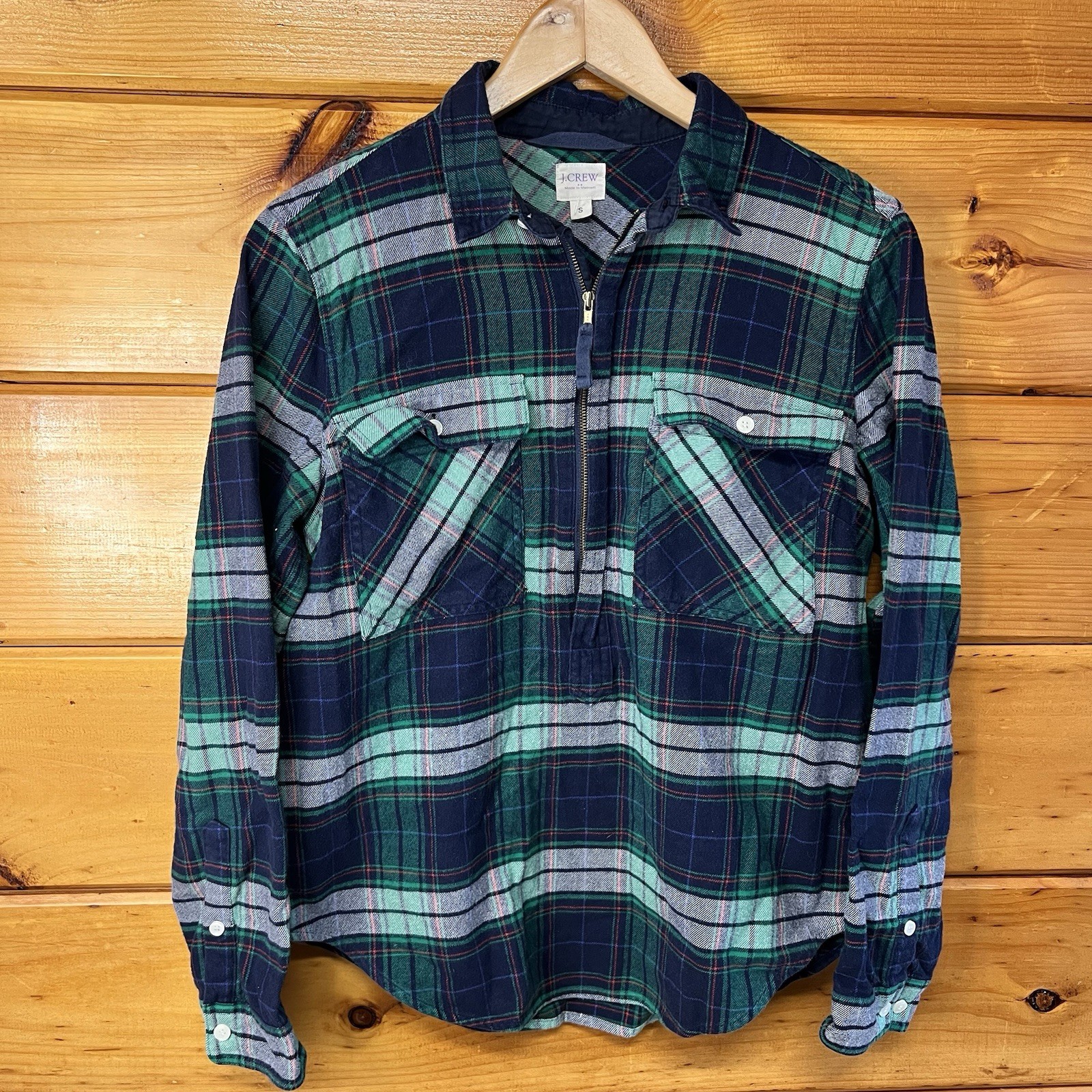 J Crew Womens 3/4 Zip Long Sleeve Popover Flannel Shirt Size S Plaid Green Blue