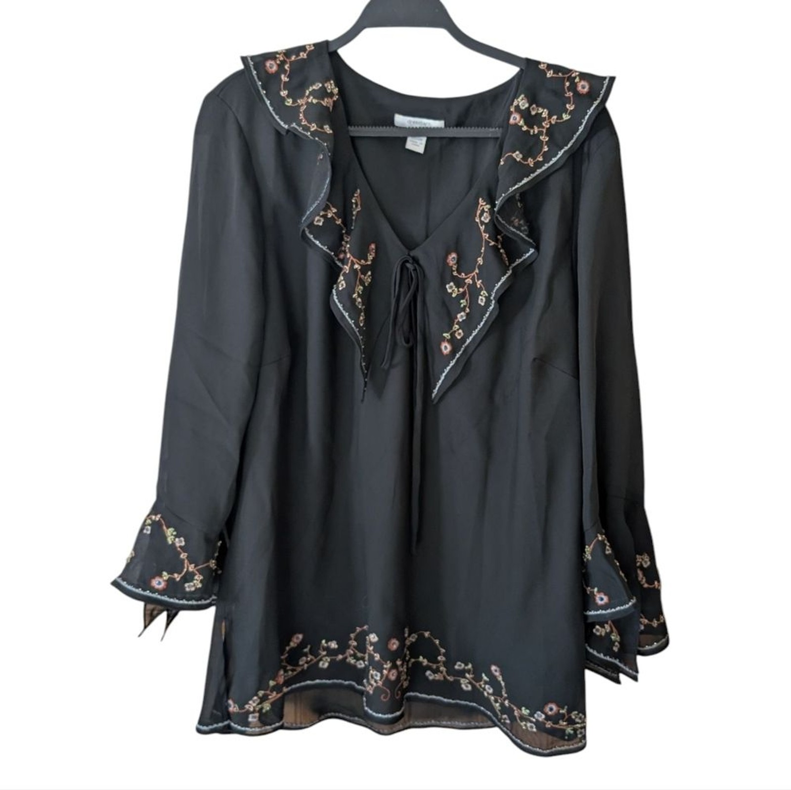 Vintage Dressbarn Embroidered Ruffle Bow Bell Sleeve Bohemian Shirt Size 23/24