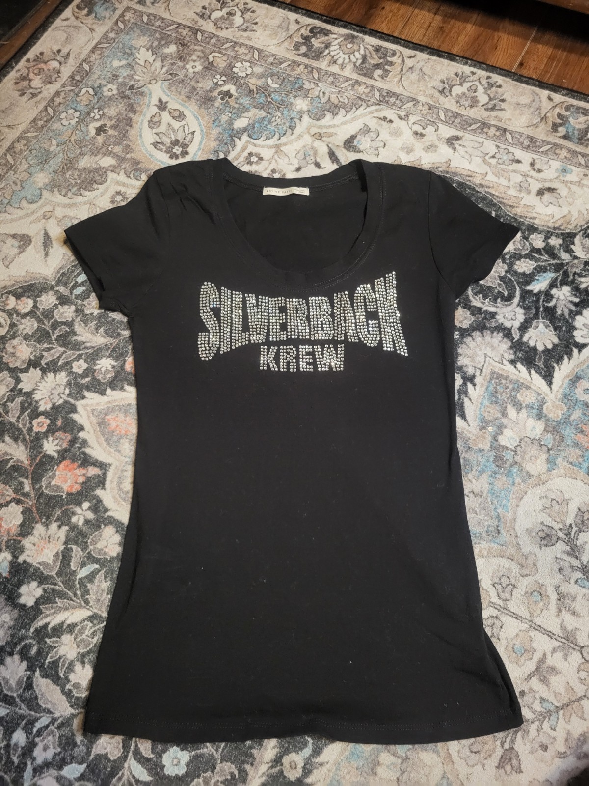 Active Basic Women’s L Black Rhinestone “Silverback Krew” Graphic Tee