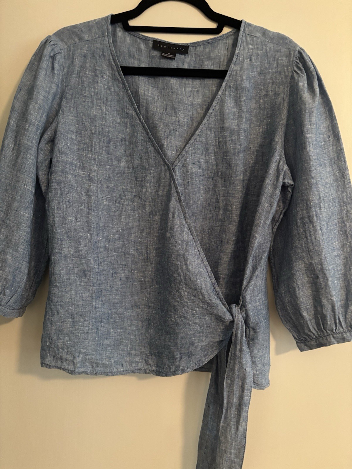 Sanctuary Blue Linen Faux Wrap Top w Tie Detail 3/4 Blouson Sleeve Size S