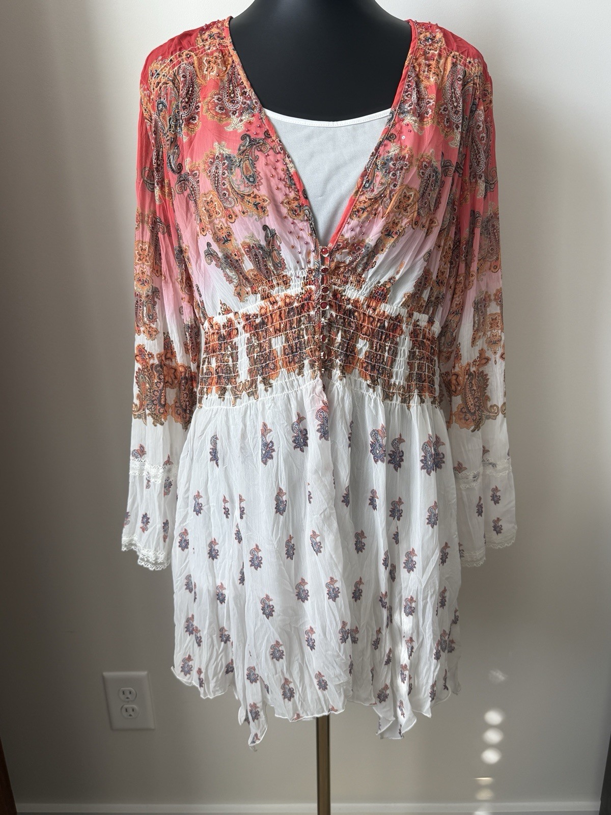 V Cristina NWT Boho Chic Colorful Top W/Smock Detail Women’s Sz L Whimsical Y2K