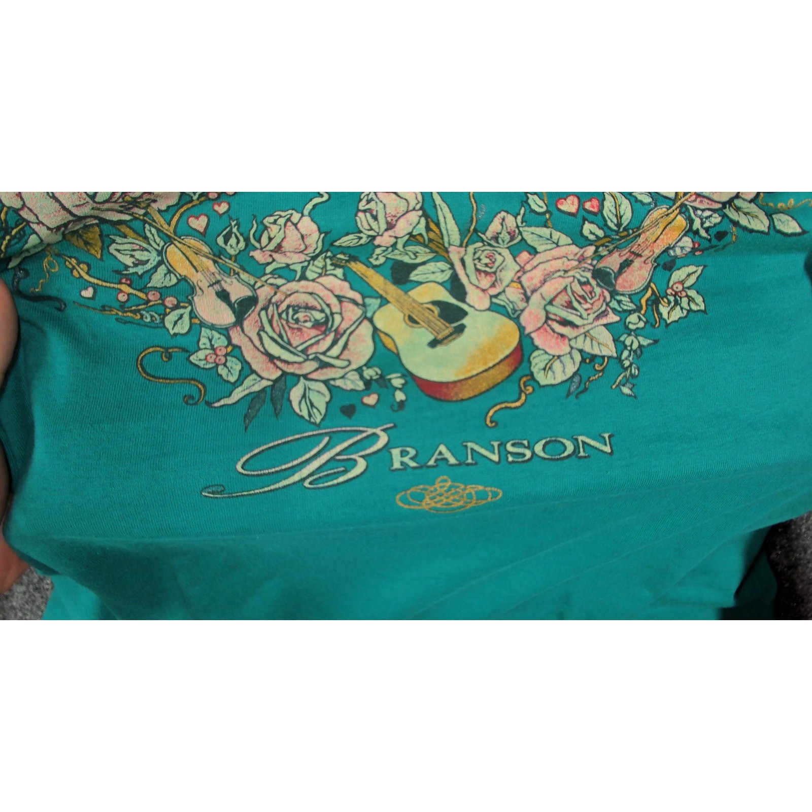 90s Branson Missouri Cherub Floral Guitar Single Stitch Tee Teal Womens XL