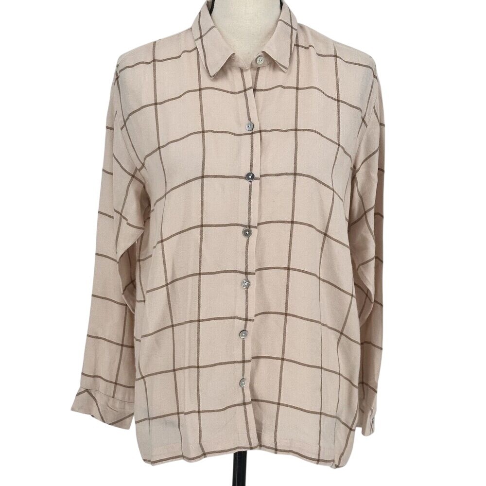 WOMENS LONG SLEEVE COLLARED BUTTON UP SHIRT NEUTRAL PLAID LIGHTWEIGHT CASUAL TOP