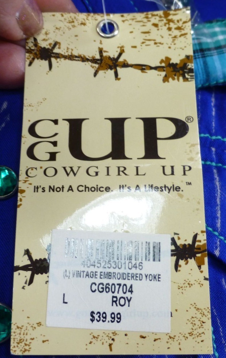 NWT Cowgirl Up Embroidered Yoke Western Jewel Embellished Shirt Blue Pinstripe L