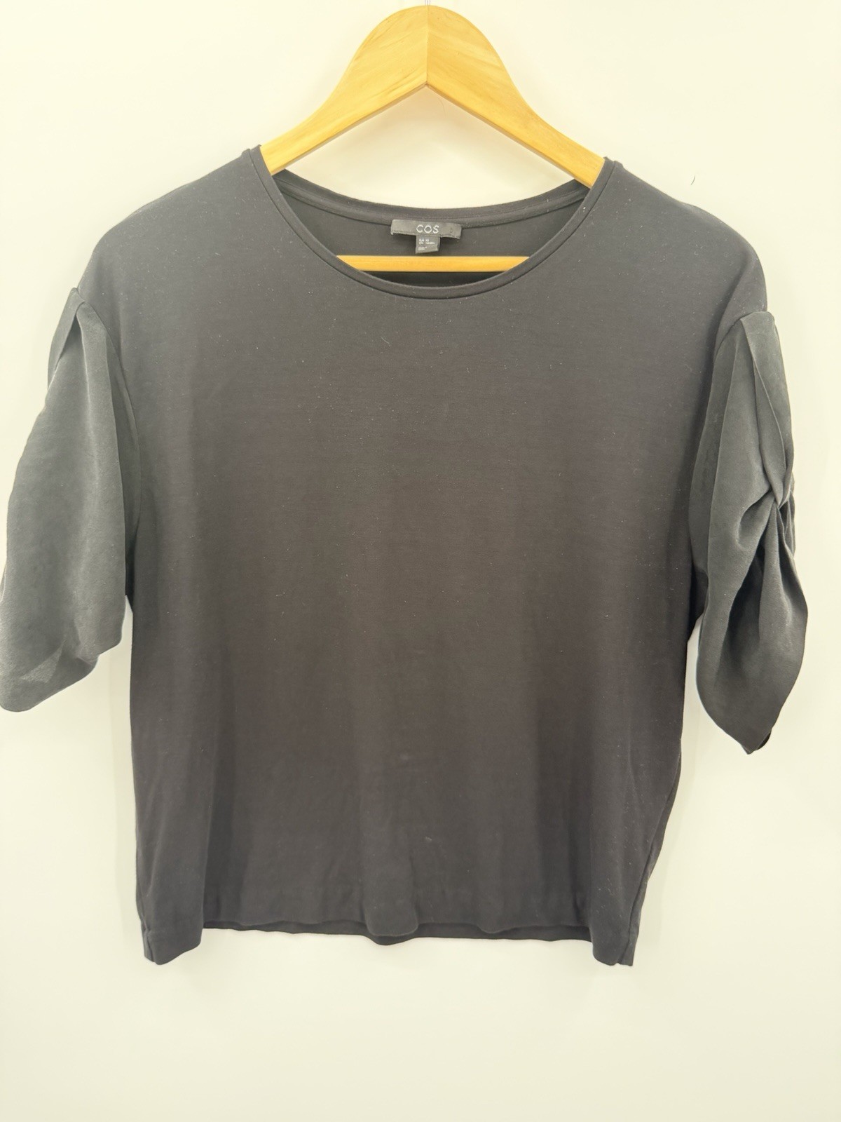 COS Black XS UNIQUE Boxy Short Sleeve Top Silk Tied Up Sleeves Minimalist Chic