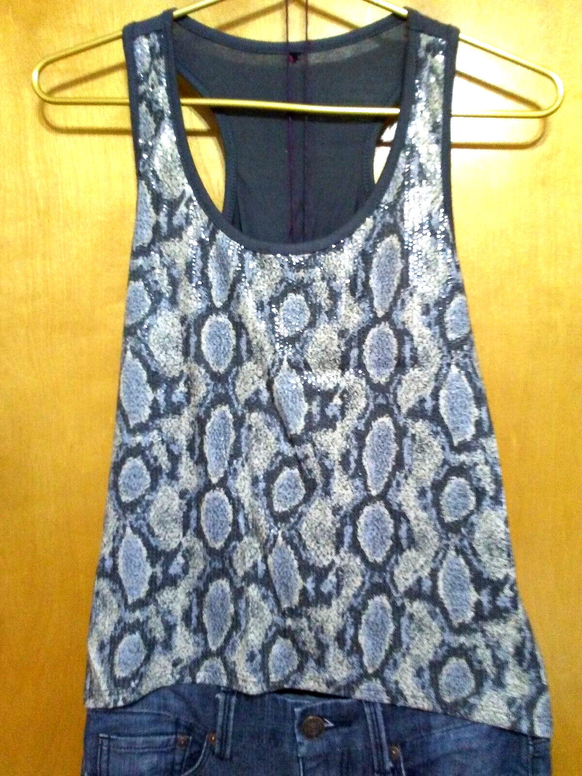 HYBRID APPAREL Racerback Tank Top S Small Blue Gray Faux Snakeskin Print Sequin