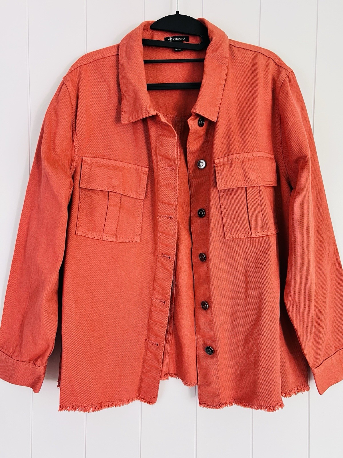 Versona Orange Lightweight Denim Jacket Raw Frayed Hem Shacket Utility Large