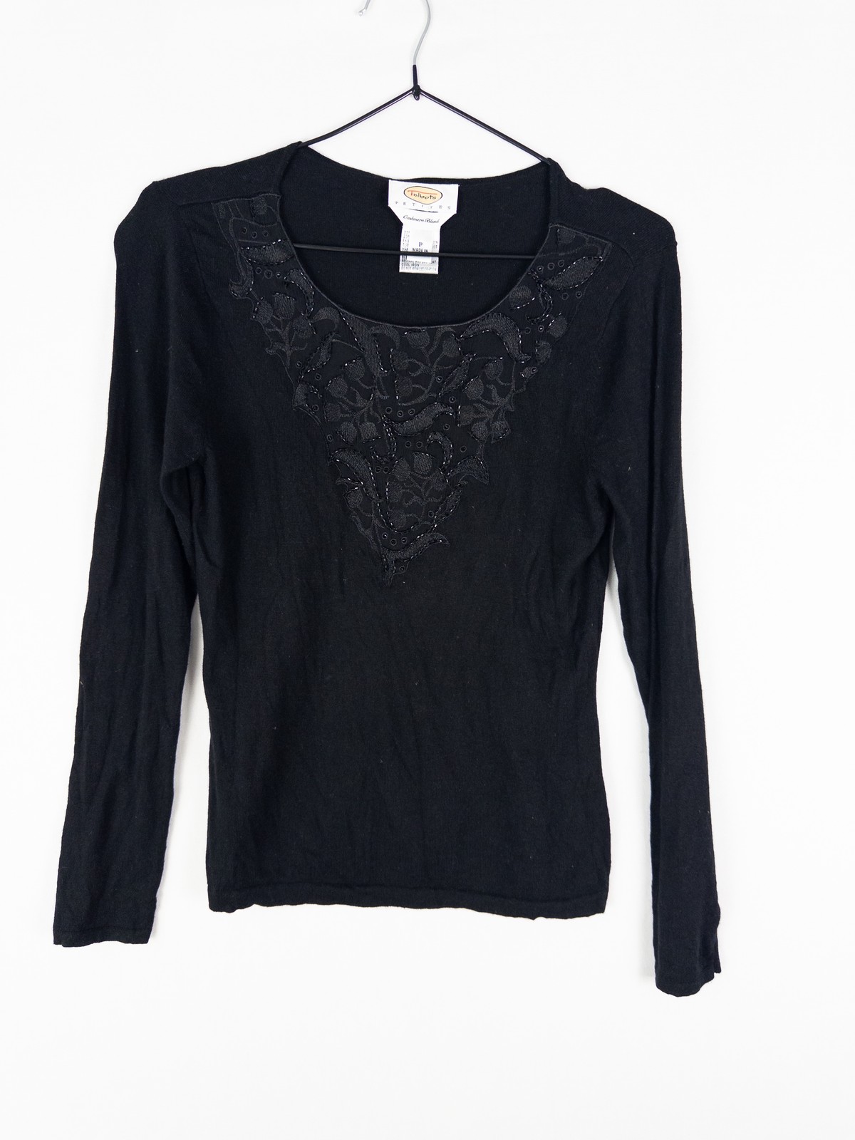 VTG Talbots Silk Cashmere Blend Embroidered Beaded Top Womens P Black Quiet Luxu