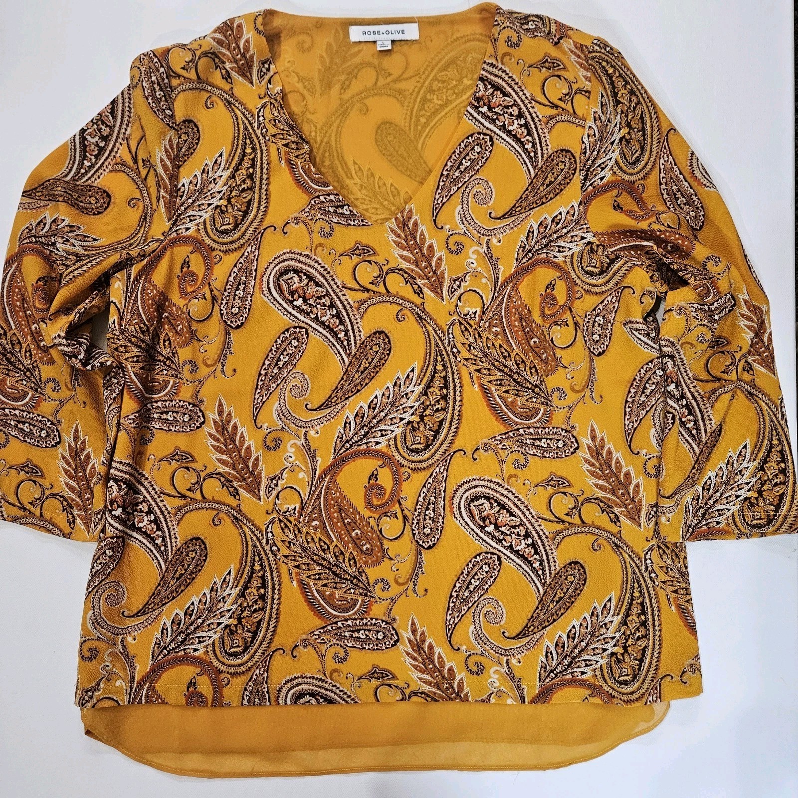 Rose & Olive Blouse Womens Large Mustard Yellow Orange Paisley Floral Boho Chic