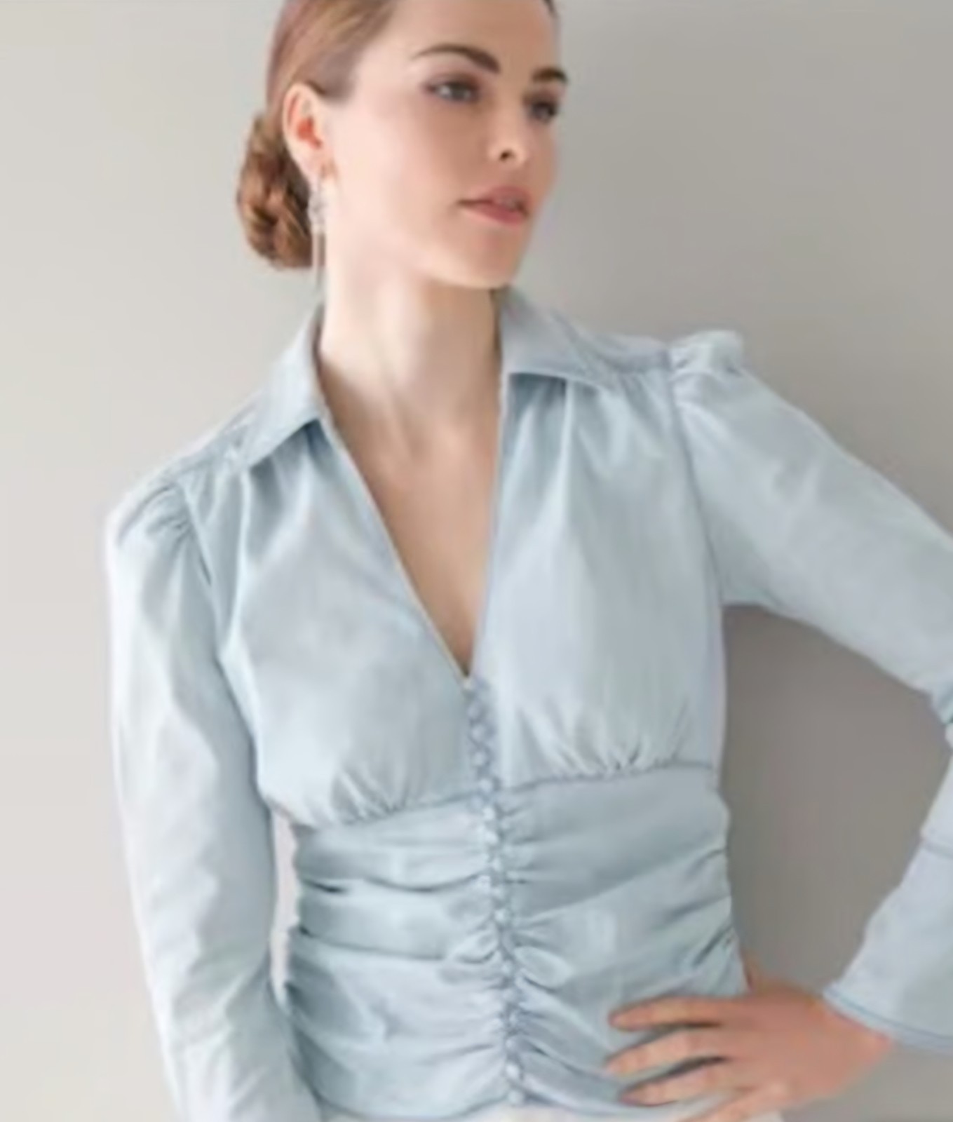 White House Black Market Blue Ruched Button Front Collared Puff Blouse 14