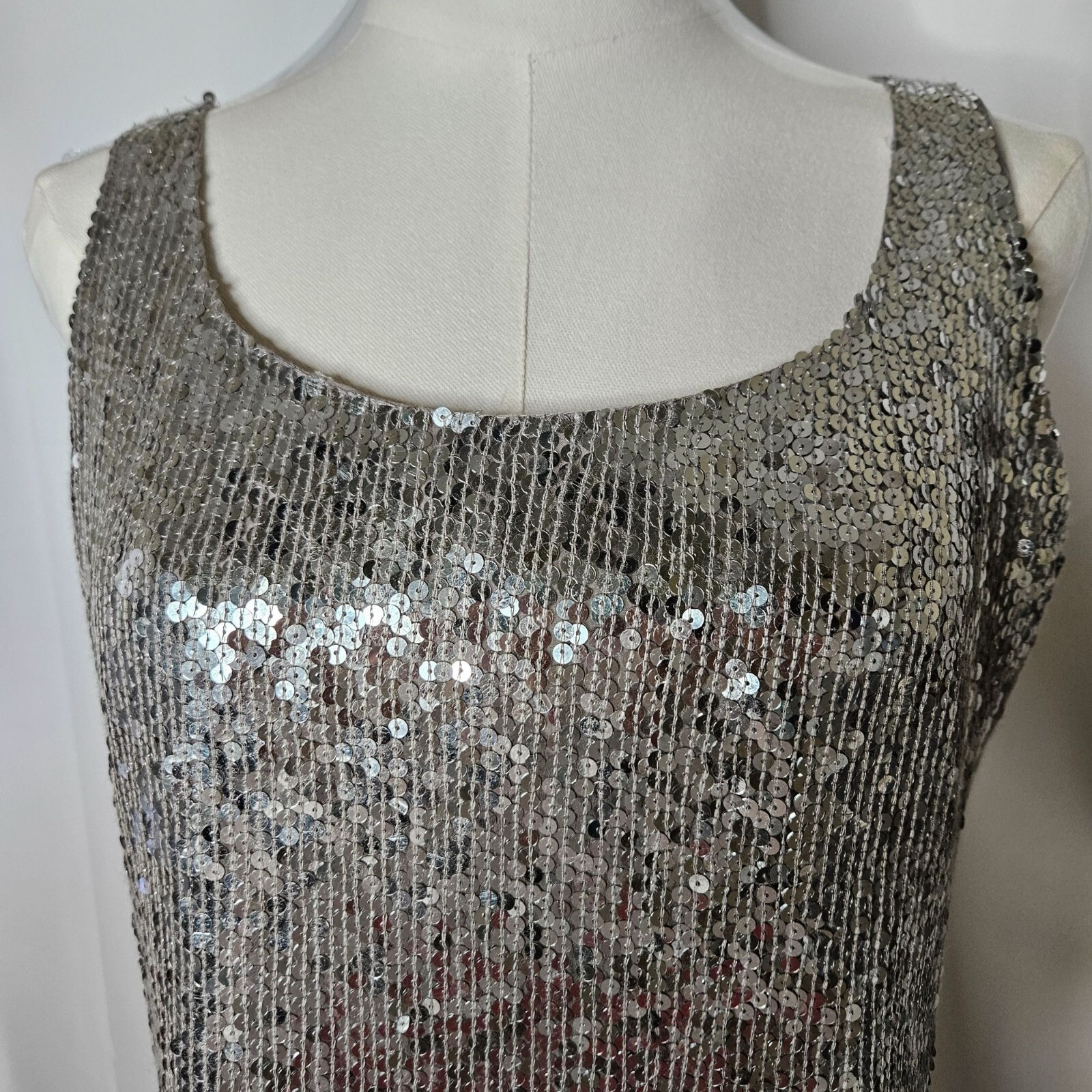 Vintage Miss Morgan Medium Sequin Silk Tank Top Silver Sparkle Hand Made NEW!
