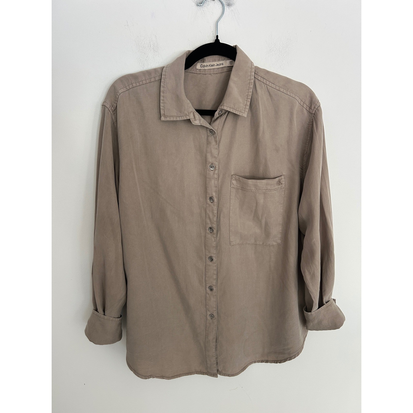 Calvin Klein Jeans Womens Lyocell Button Down Shirt Taupe Tan Long Sleeve Small