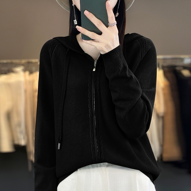 Women Tops Coat Sweater Hoodie Knitted Cardigan Hooded Casual Zipper Cashmere