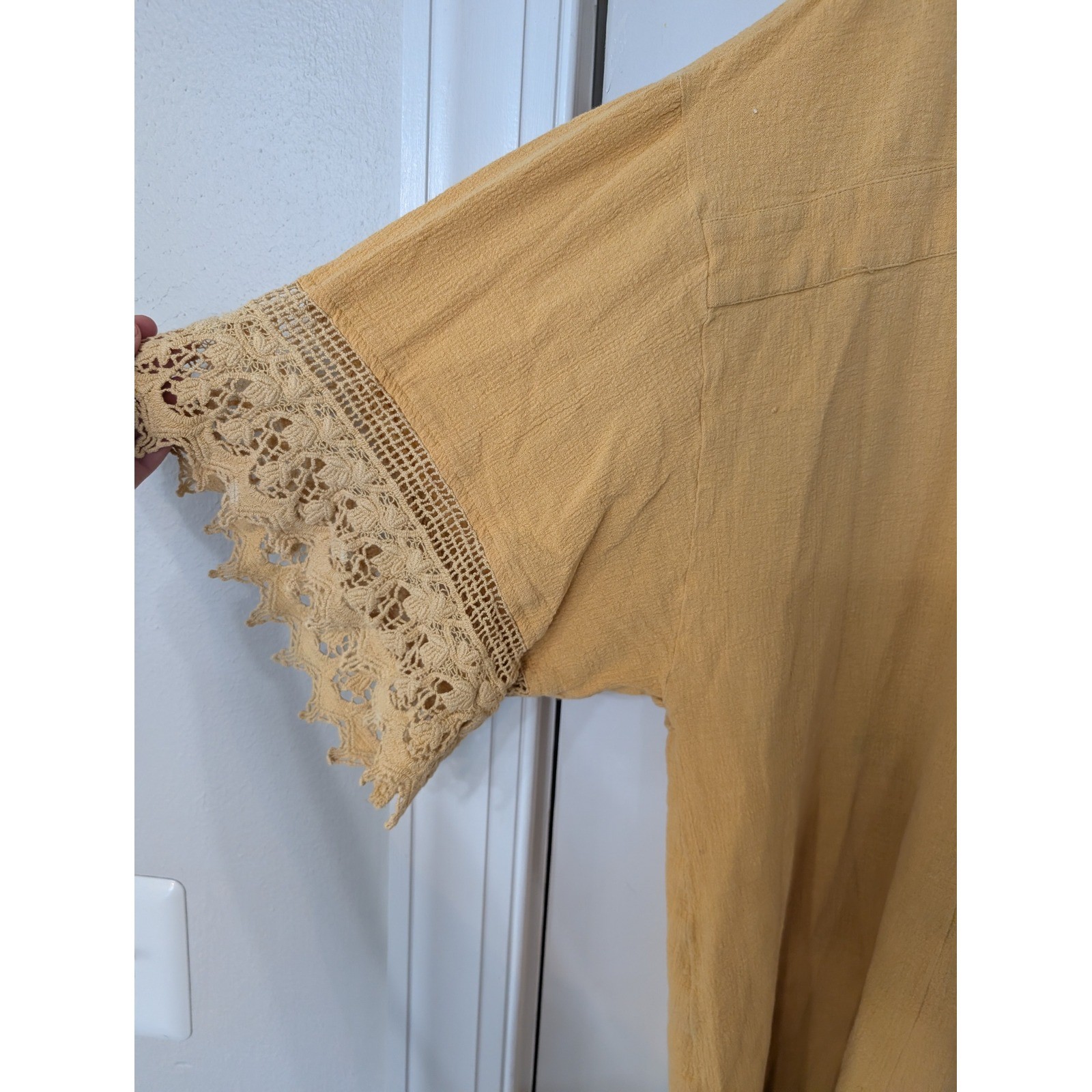 Free People Mustard Gauze Crochet Lace Trim Tunic Top mini dress Boho Large