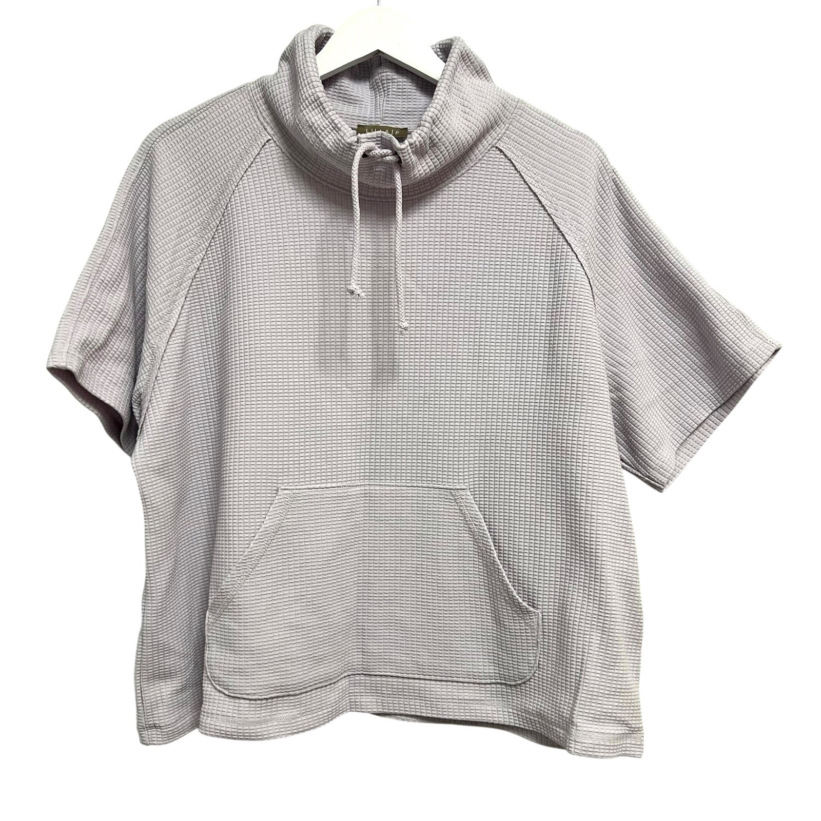 Lilla P Waffle Knit Top Womens P/S Lavender Grey Cowl Neck Kangaroo Pocket Tee