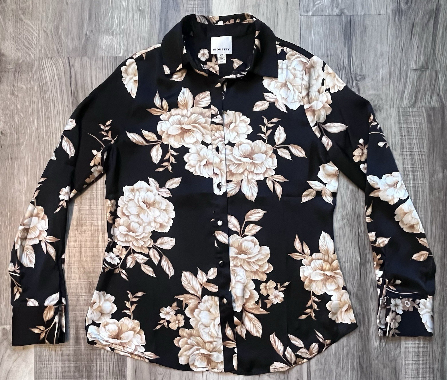 Industry Republic Clothing Womens Small Black Satin Long Sleeve Floral Blouse