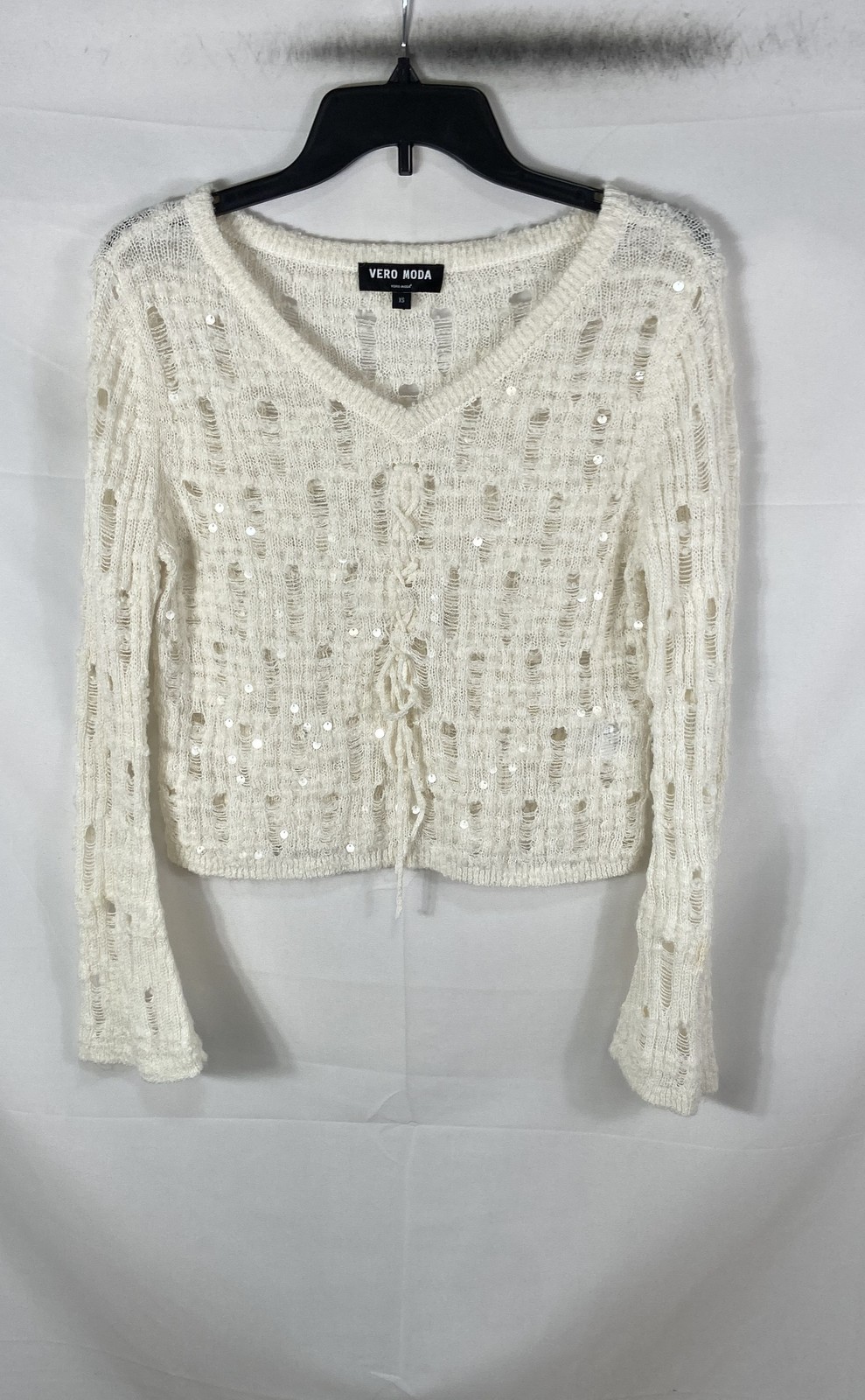 Vero Moda Women’s Cream Moon Sequined Open Knit Distressed V-Neck Blouse Sz XS