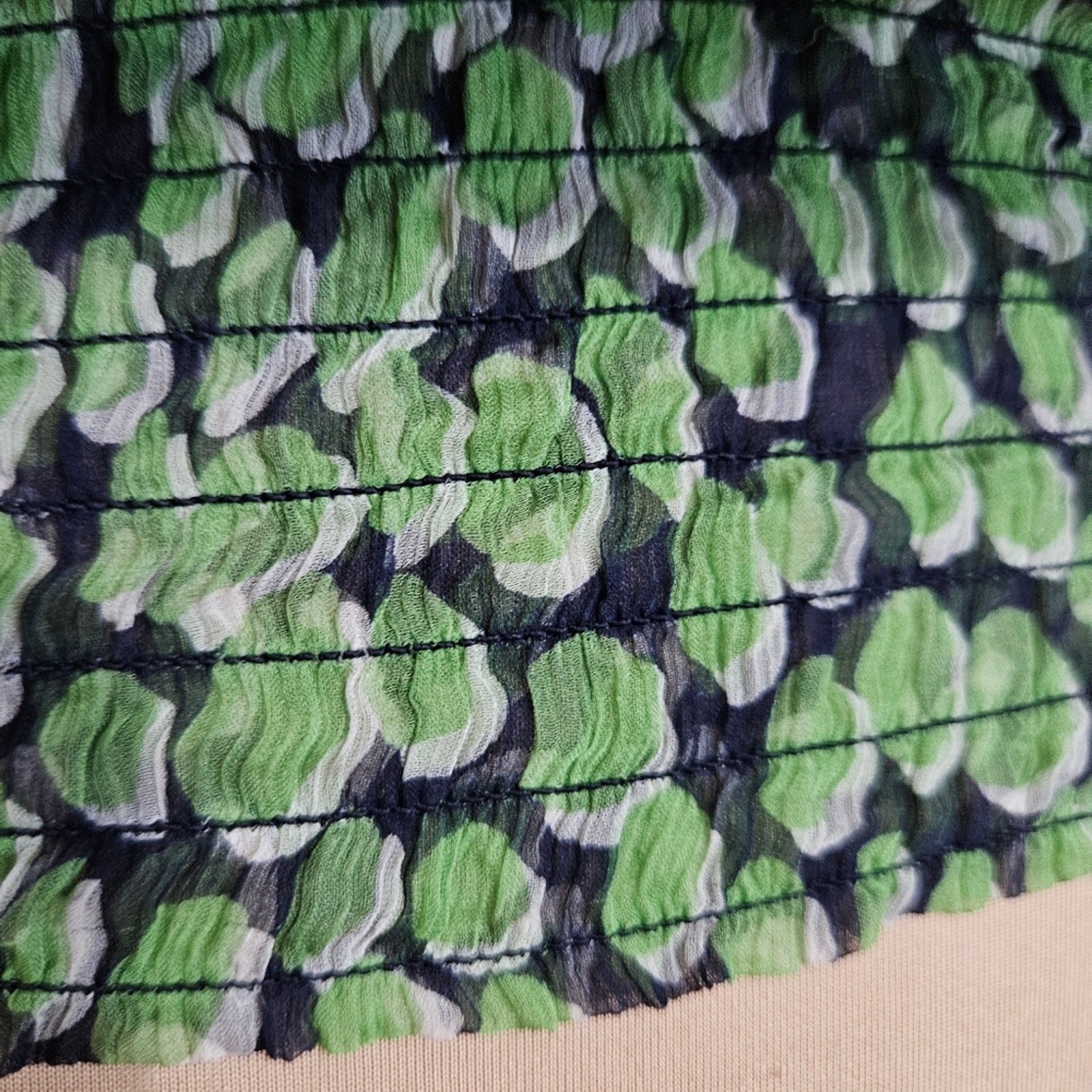 Elena Solano Top 100% Silk Womens Medium Green Blue Ruffled Sleeve Smocked Waist