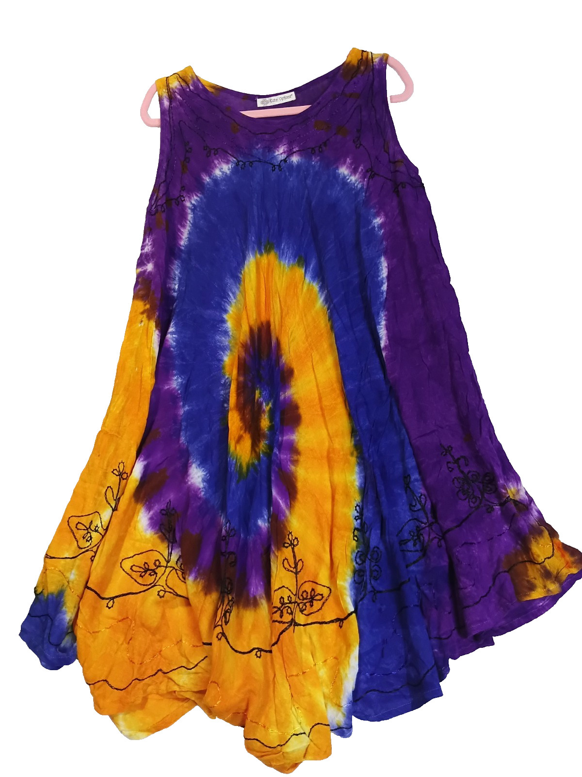 Cute Options Women’s Tie Dye Tunic Top Purple Orange Embroidered Sleeveless Boho