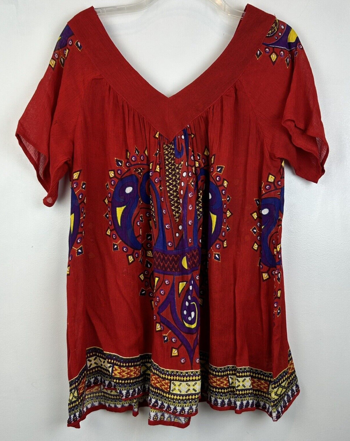 World Market Top Womens S/M Red Festival Boho Short Sleeve V Neck New Tags