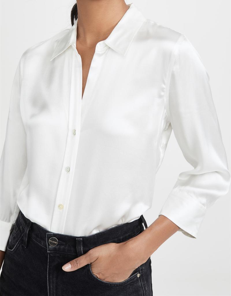 NEW L’Agence Silk Shirt Crepe Satin Plain 3/4 Sleeve White Blouse Top