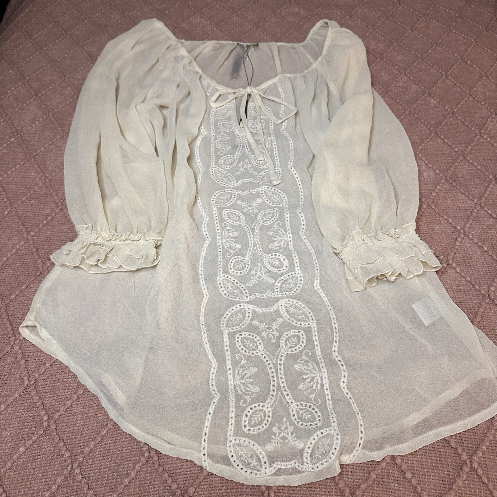 Romantic Sheer Ivory Peasant Blouse Embroidered Bow boho 3/4 ruffle sleeve indie