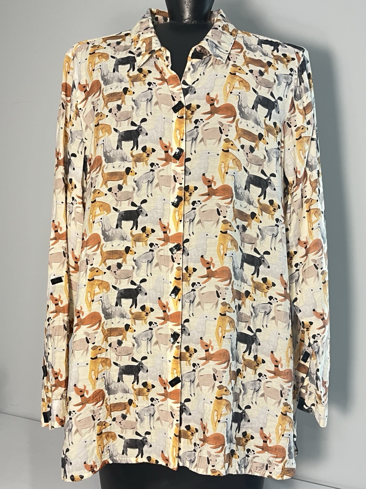 Multiples Womens Dog Print Top Toggle Buttons Front/Back Ivory Size M Fun