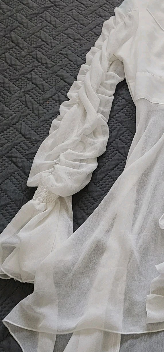 ashro high-low Formal ruffled white sheer blouse. Medium