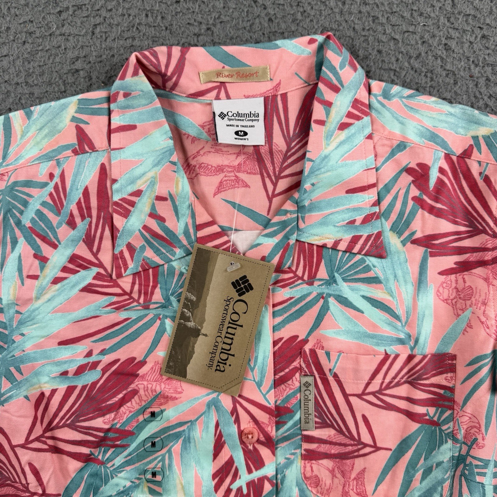 Columbia River Resort Shirt Womens Medium Pink Tropical Floral Hawaiian Button