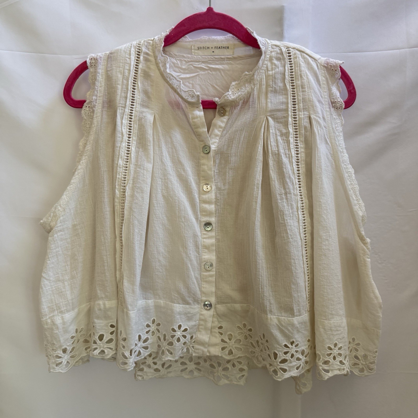 Stitch + Feather Cotton Eyelet Crochet Cropped Tank Top M Beige Boho Cottagcore