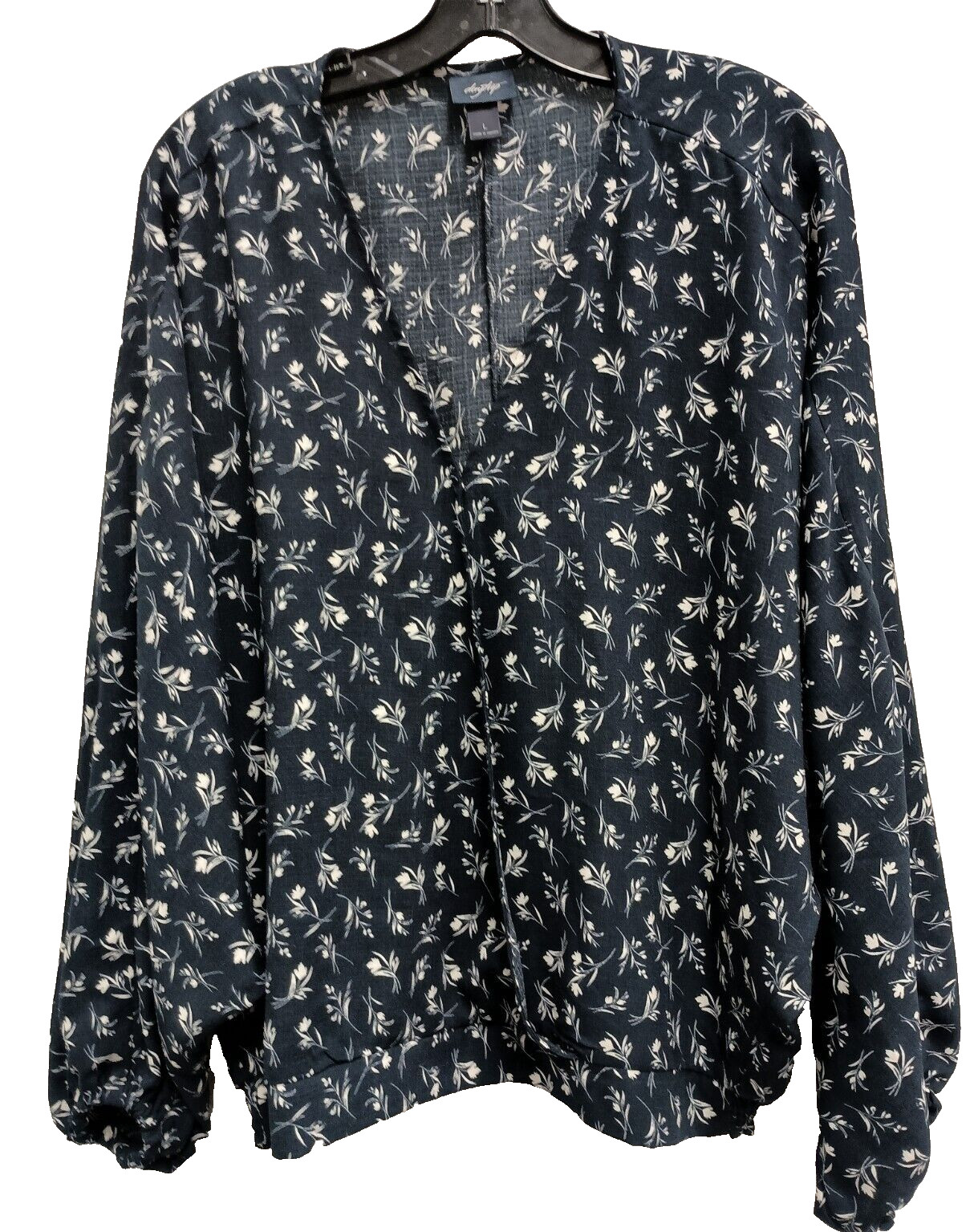 Daytrip Womens BOHO Faux Wrap Blouse Top Large Navy Floral Long Sleeve Oversized