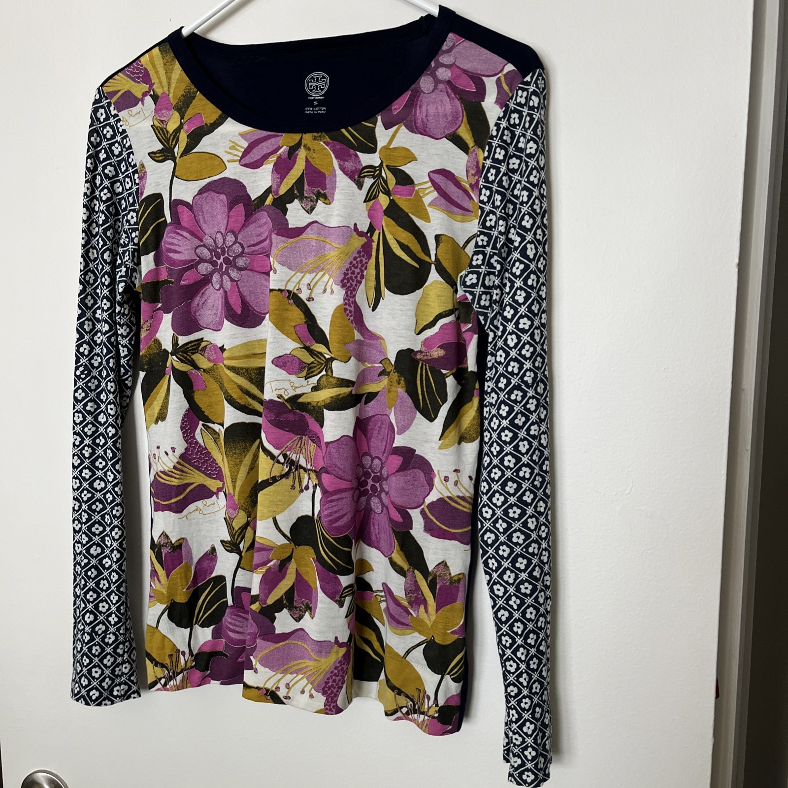 Tory Burch Floral Print Top Blouse Women’s S Long Sleeve Pima Cotton Preppy NEW