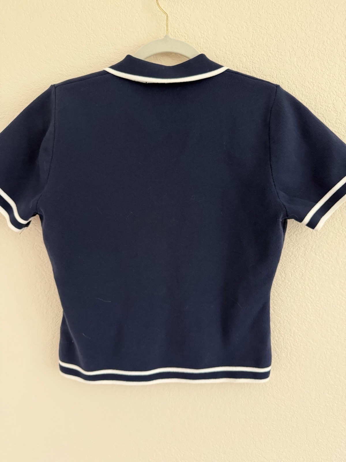 Bailey/44 Women’s Navy Solid Collared Button Front Knit Top White Trim L